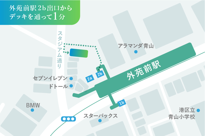 外苑前駅 2b出口からデッキを通って1分